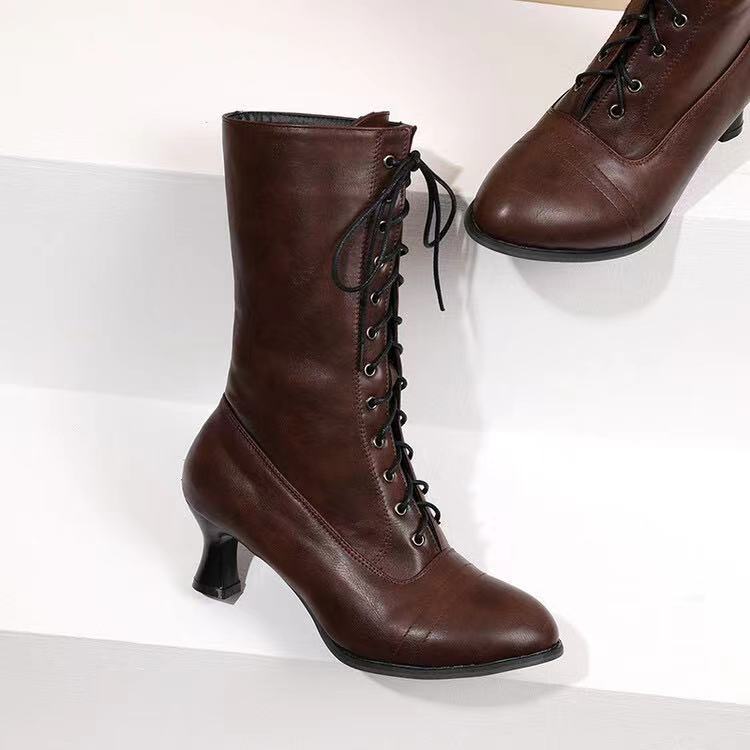 Cross-front Lace-up Low-heeled Womens Mid-calf Boots foto 2
