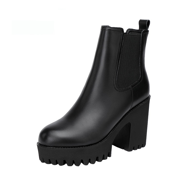 Women's Solid Color Genuine Leather High-heel Thick-heel Platform Mid-calf Boots foto 3