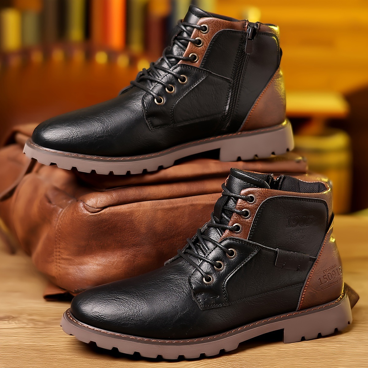 Men's Color Matching Casual Side Zipper Middle Tube Leather Boots foto 2
