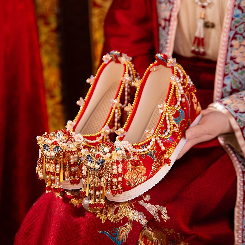 Original Handmade Hanfu Wedding Shoes, M Ing Dynasty Style Heavywork Hidden Heel Xiuhe Shoes, Chinese Wedding Bride Embroidered Shoes For Women foto 3