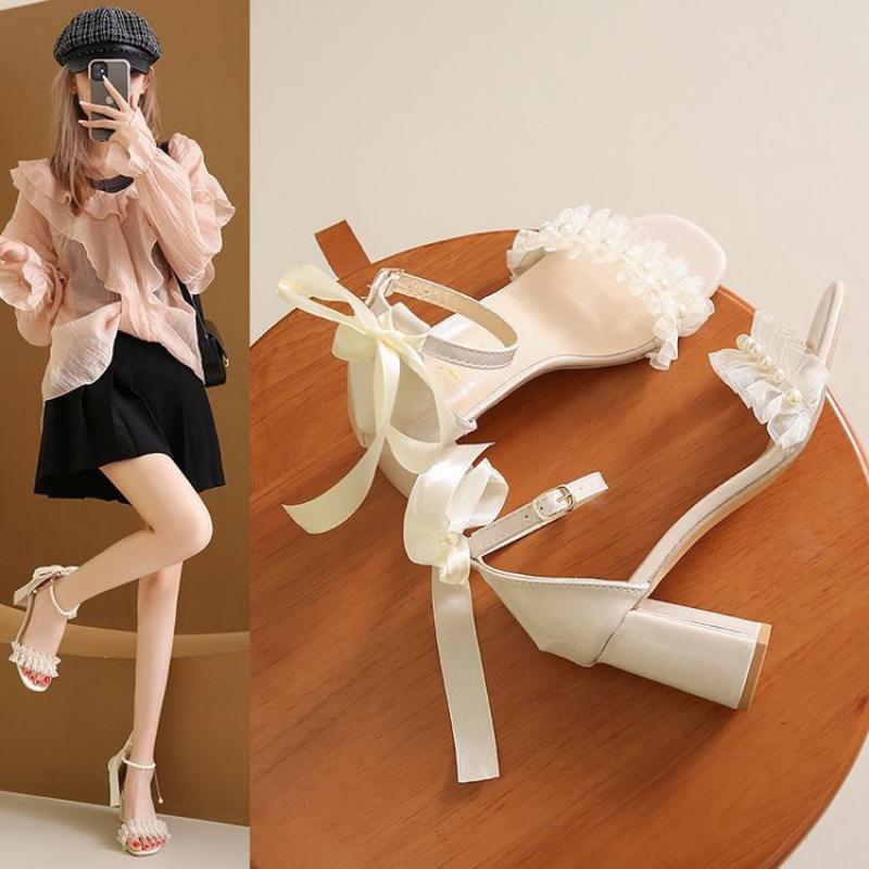French Style Chunky Heel Sandals Bow Pearl High Heels Buckle Sandals foto 4