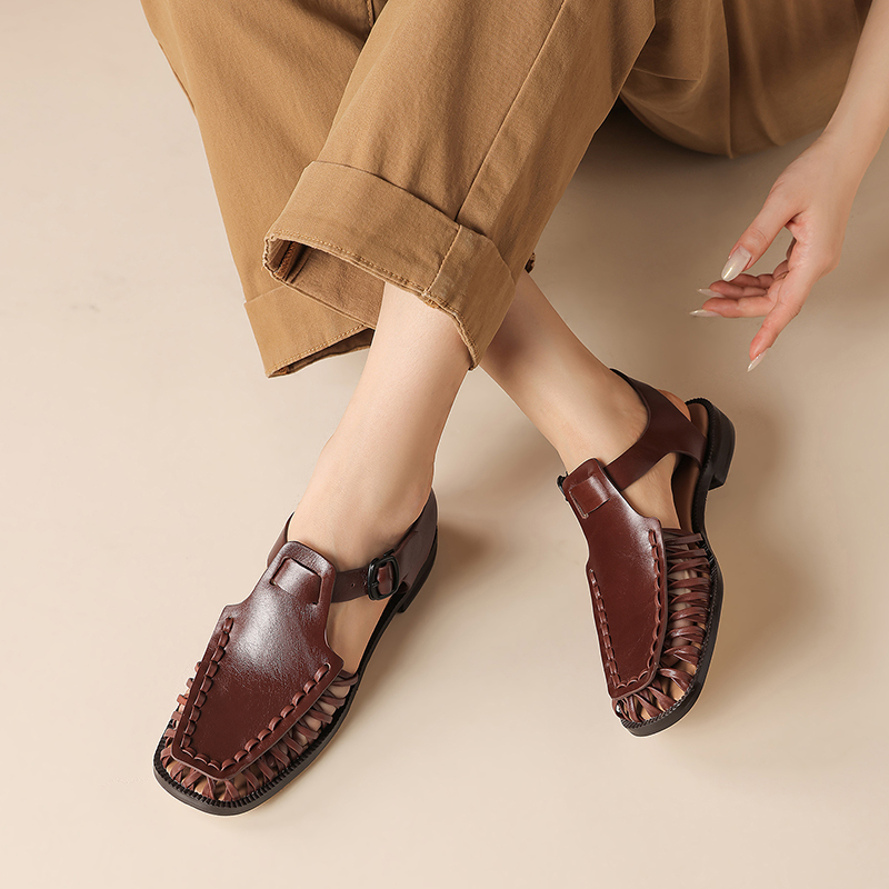 Women's Handmade Oil-Tanned Leather Fisherman Sandals, Cross-Strap Square Toe Adjustable Buckle Flats foto 3