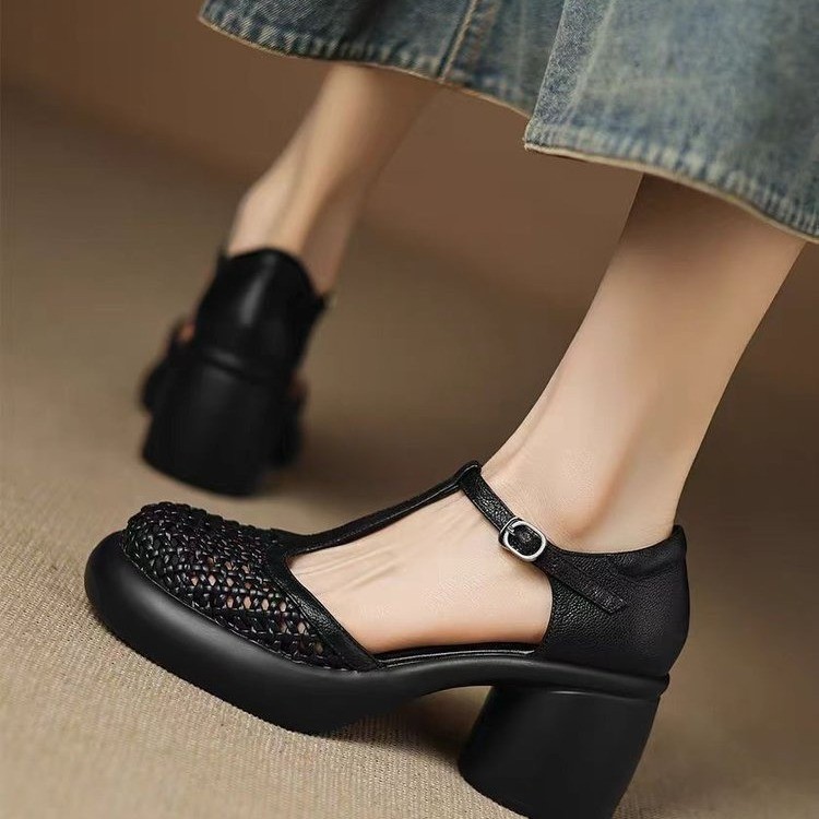 New Summer Soft Leather Roman Platform Mary Jane Shoes Hollow High Heel Pumps foto 3