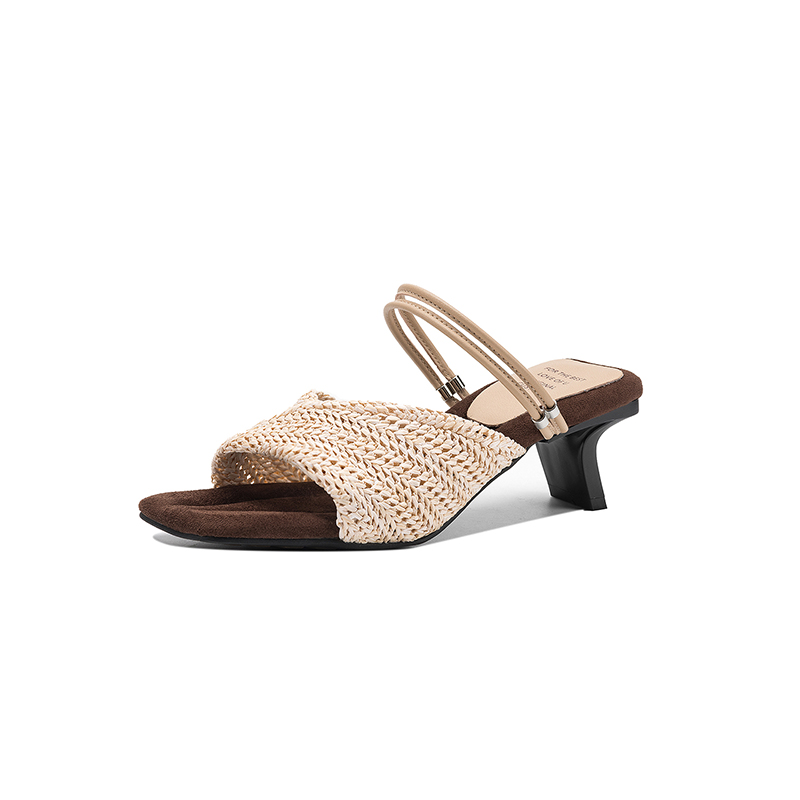 Women's Handmade Woven Raffia Two-Way Kitten Heel Sandals, Square-Toe Convertible Mule Slides foto 5
