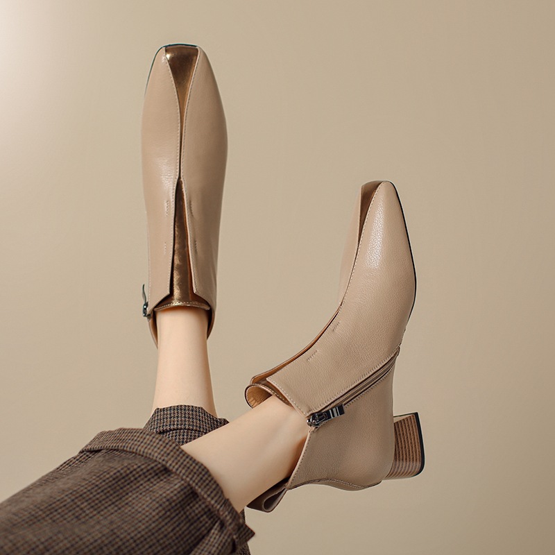Womens Retro Square-Toe Sheepskin Chunky-Heel Ankle Boots foto 2