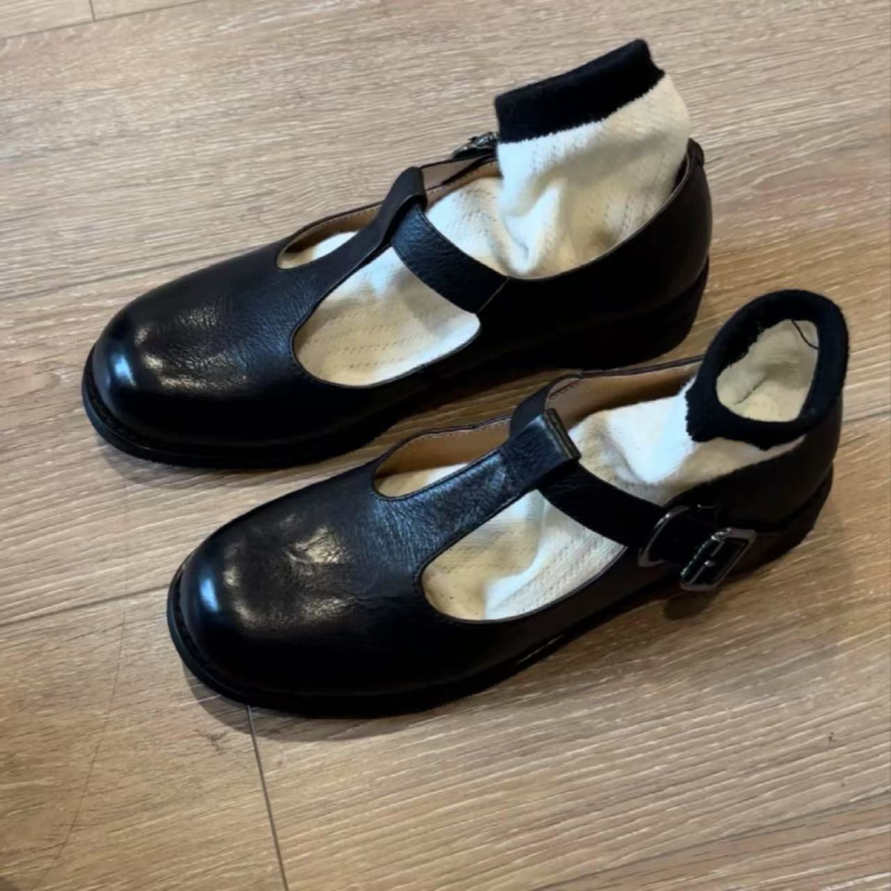 Round-toe Mid-heel T-strap Chunky-heeled Mary Jane Leather Shoes foto 5