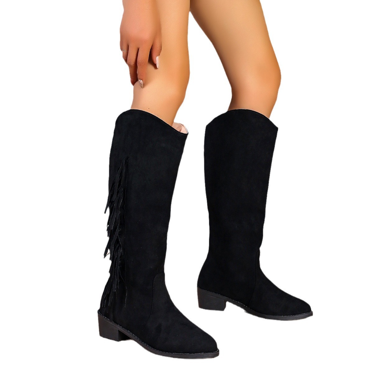 Womens Solid-Color Pointed-Toe Low-Heel Comfortable All-Match Long Boots foto 4