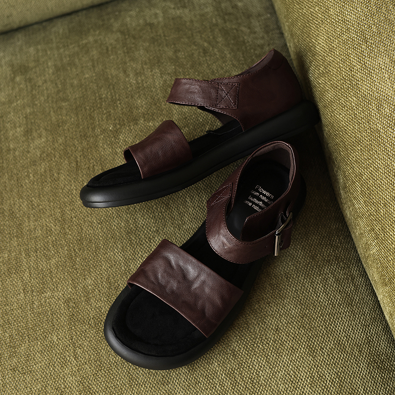 Women's Washed Full Grain Leather Platform Sandals, Two Strap Buckle Flat Shoes foto 2
