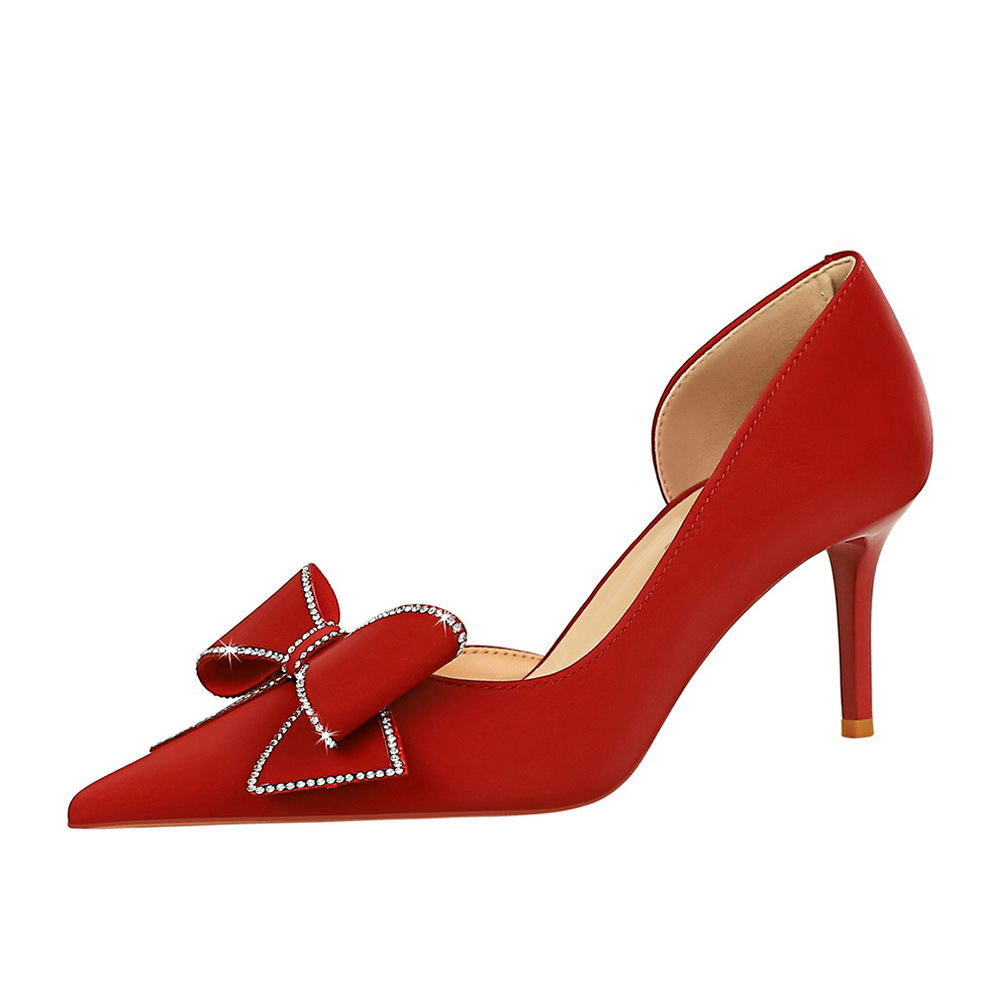 Women's Stiletto Low-cut Pointed Side Hollow Rhinestone Bow High Heels foto 2