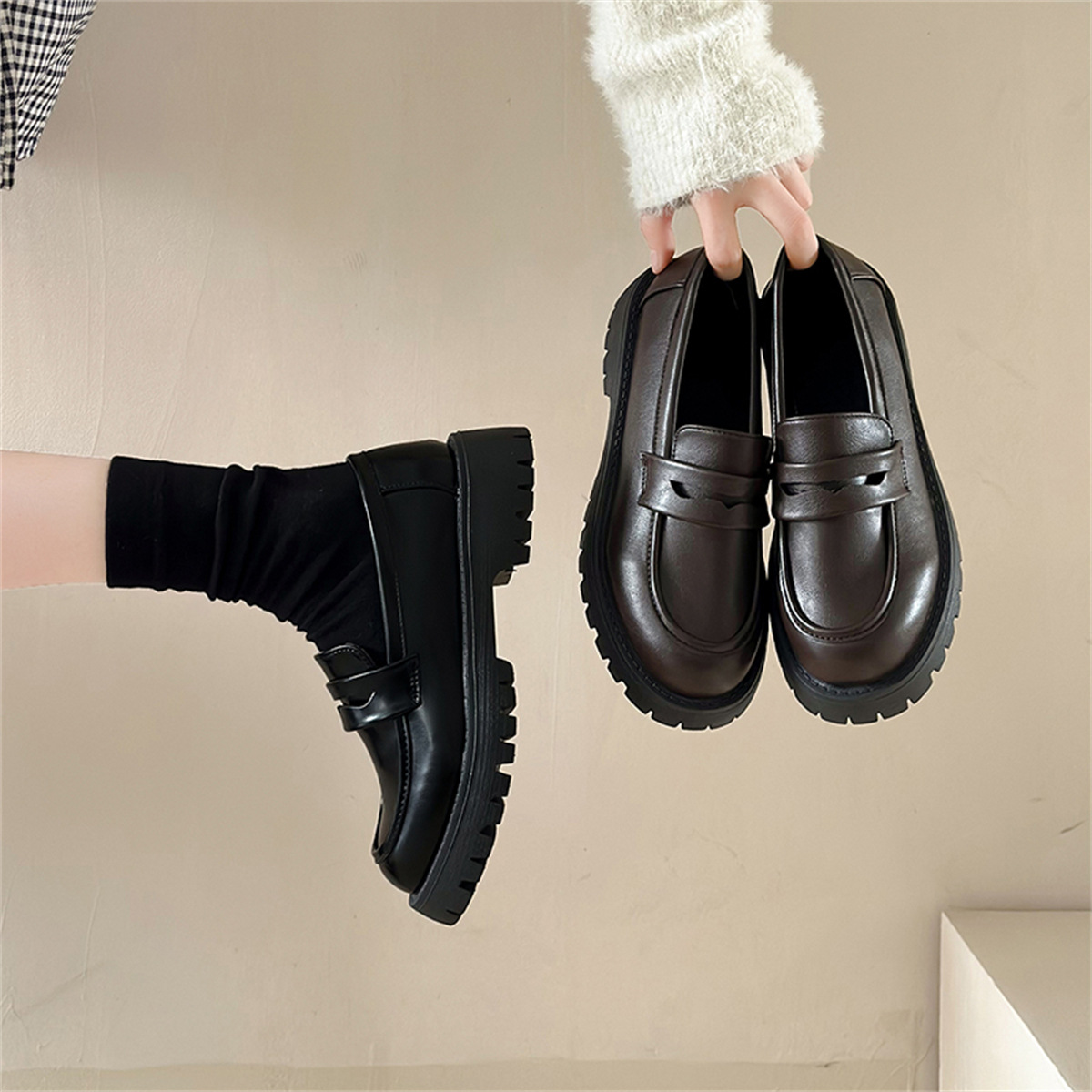 New Chunky Heel Platform British Style Leather Shoes Women foto 5