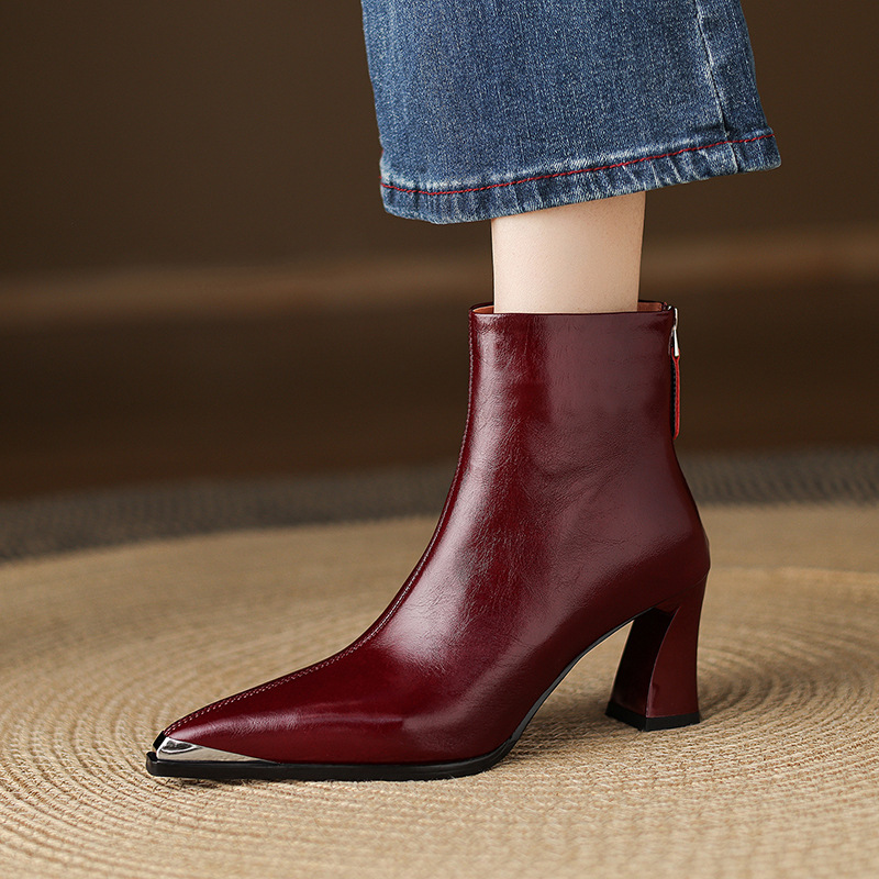Sexy Stylish Metal Pointed Toe Ankle Boots Women's High Heel Thick Heel Genuine Leather Spring And Autumn foto 5