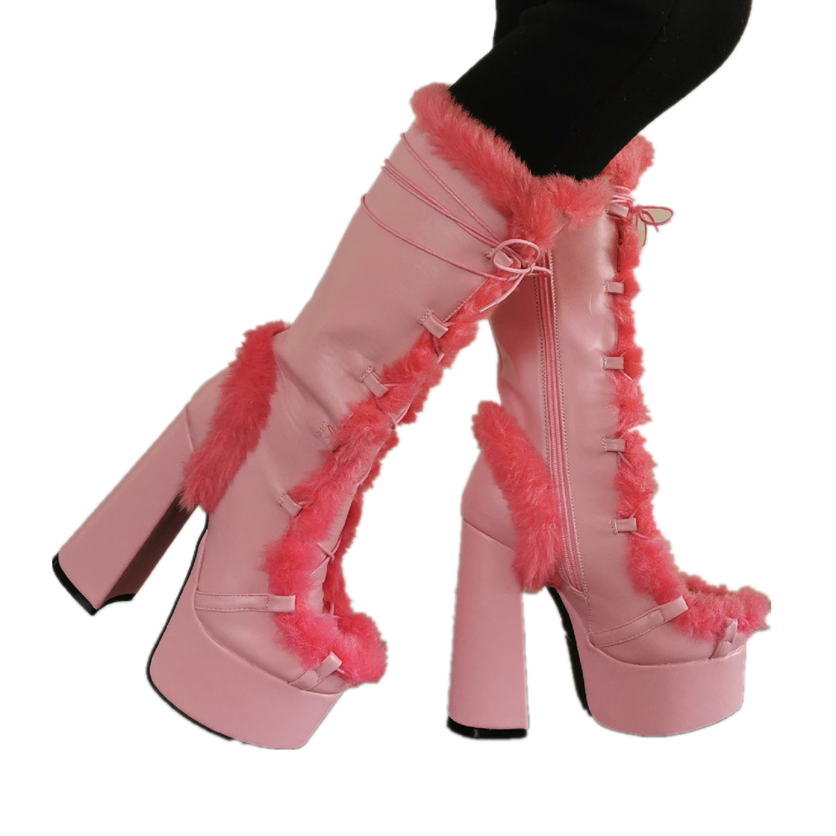 Chunky-heeled High-heeled Plus-size Fuzzy Womens Boots foto 4