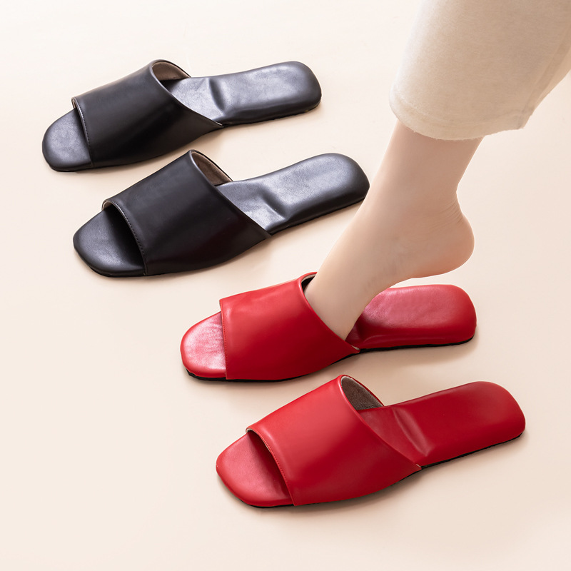 Womens PU Leather Plain Color Simple Slippers For Home Use foto 2