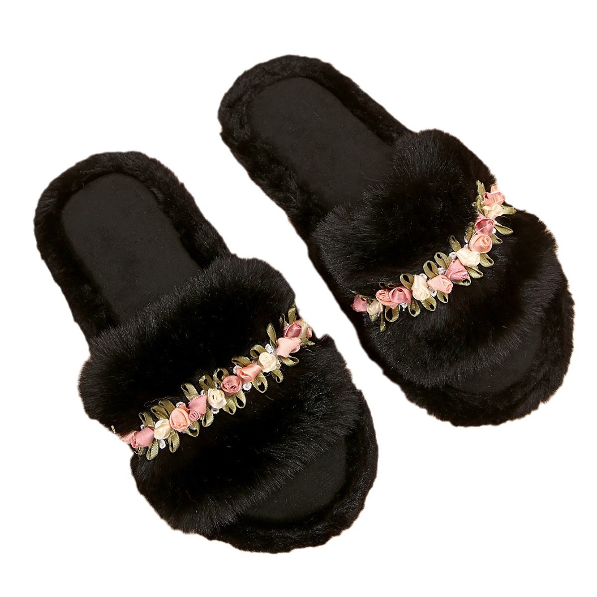 Flower Fluffy Slippers Female Soft Bottom Home Word Cotton Slippers foto 2