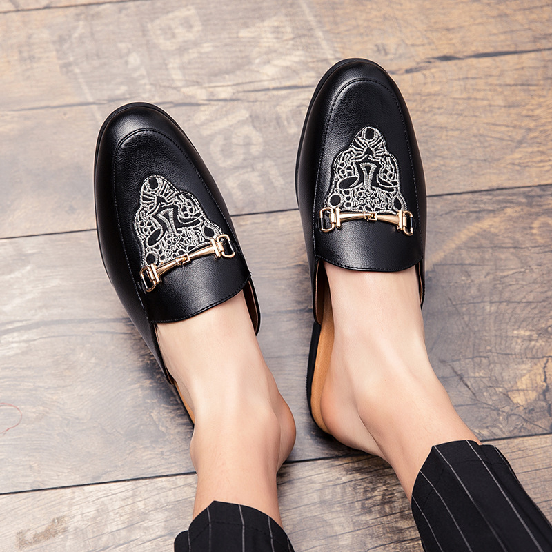 Bright Leather Half Slippers Closed Toe Casual Men's Shoes Fashion Embroidery foto 3