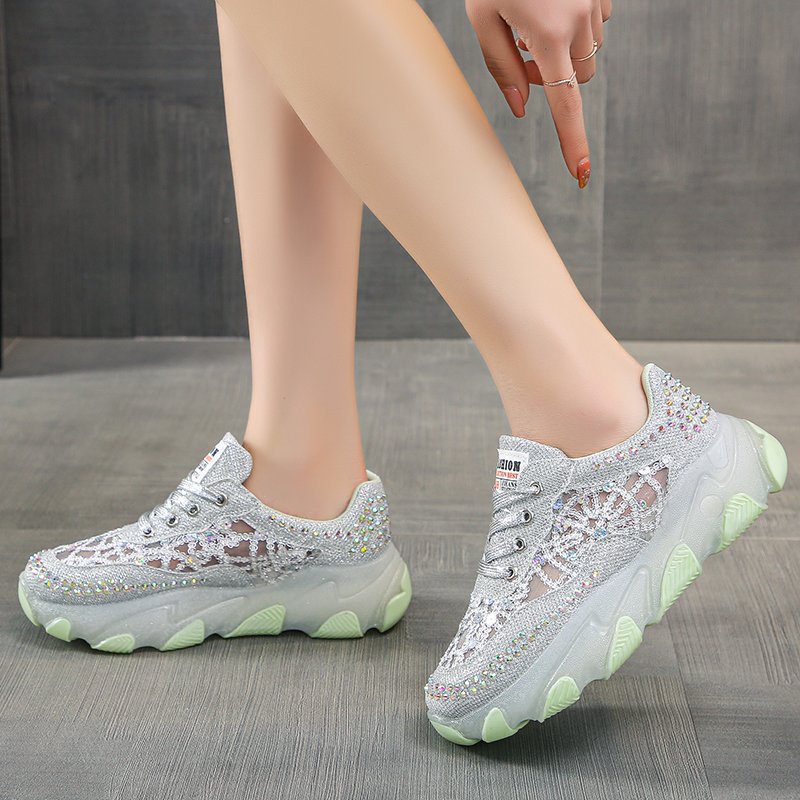 Womens Breathable Mesh Rhinestone Chunky-soled Trendy Dad Shoes foto 2