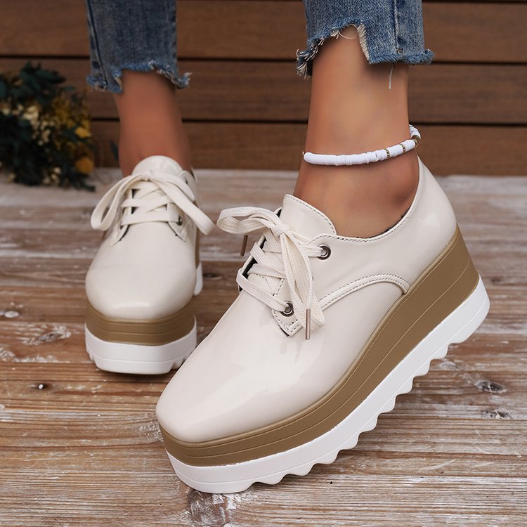Womens Lace-up Square-toe Patent Leather Platform Wedge Heels foto 4