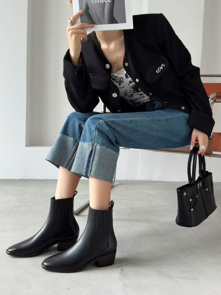 Mid-heel Chunky-heel Retro Square-toe Matte Leather Womens Boots foto 3