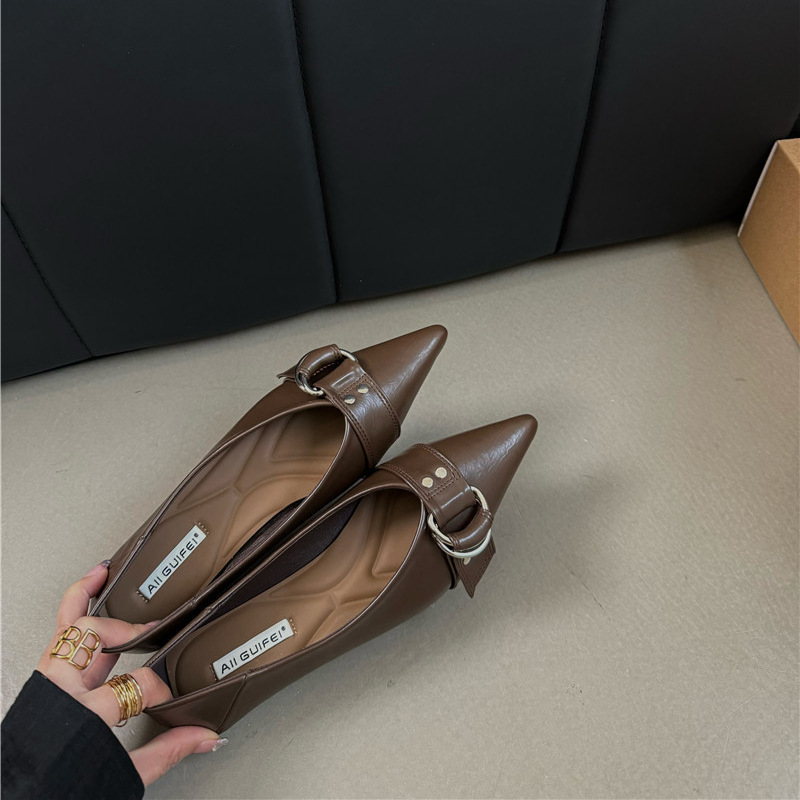 Metal Belt Buckle Soft Bottom Granny Shoes French Pointed Flat Bottom Pumps foto 5