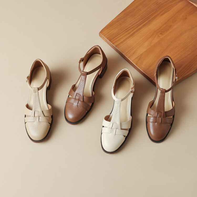 Female T-type Belt Hollow-out Chunky Heel Round-toe Sandles foto 3