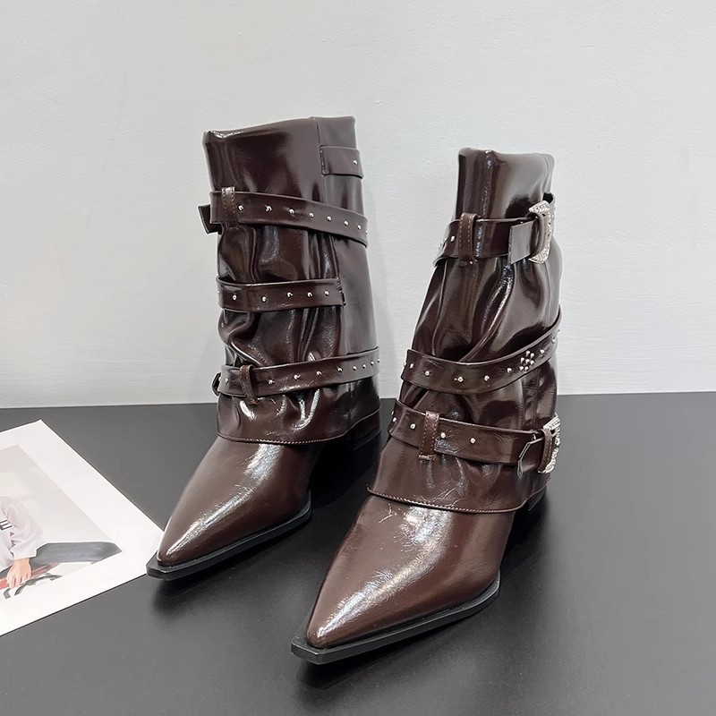 High-heeled Elegant Shaft-style Studded Belt-buckle Fashion Ankle Boots foto 5