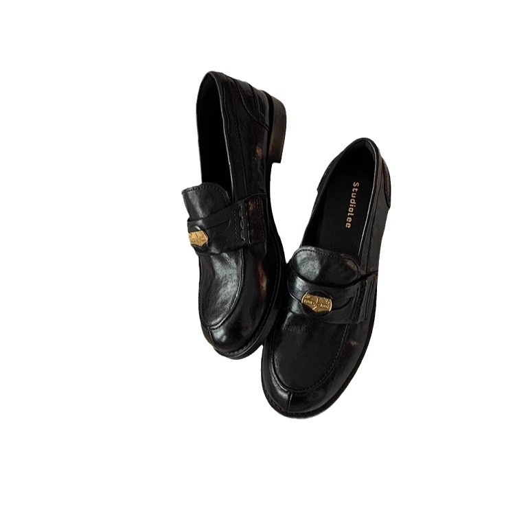 Round-toe Small Gold Coin Loafers British-style Leather Slip-ons