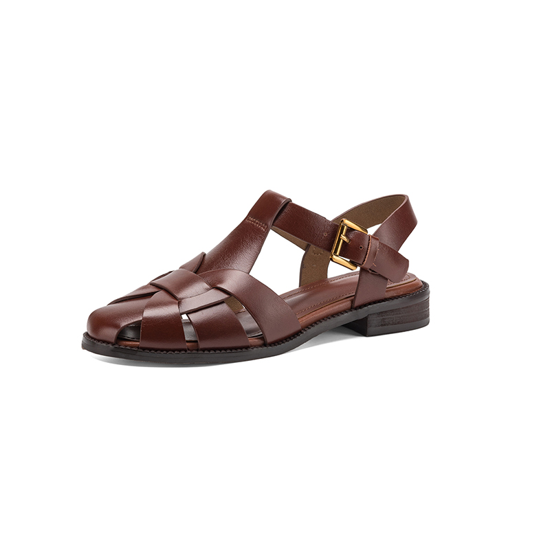 Vintage French Style Full-Grain Leather Closed-Toe Sandals, Women's Cross-Strap Adjustable Buckle Flats foto 2