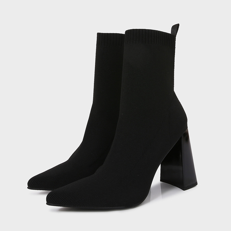 Brown Yellow Geometric High Heel Chunky Heel Retro Ankle Boots Elastic Socks Boots Women foto 5