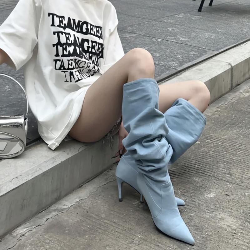 Pointed Toe Women's Stiletto Denim High Heel Below The Knee Boots foto 2