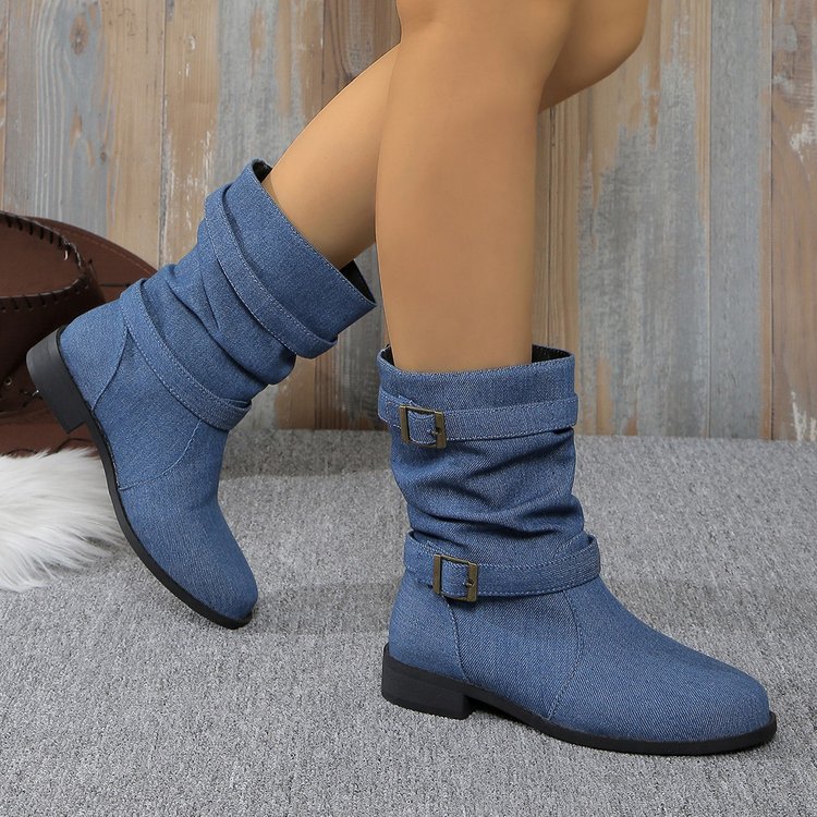 Square Heel Round Toe Women's Denim Leather Boots foto 5