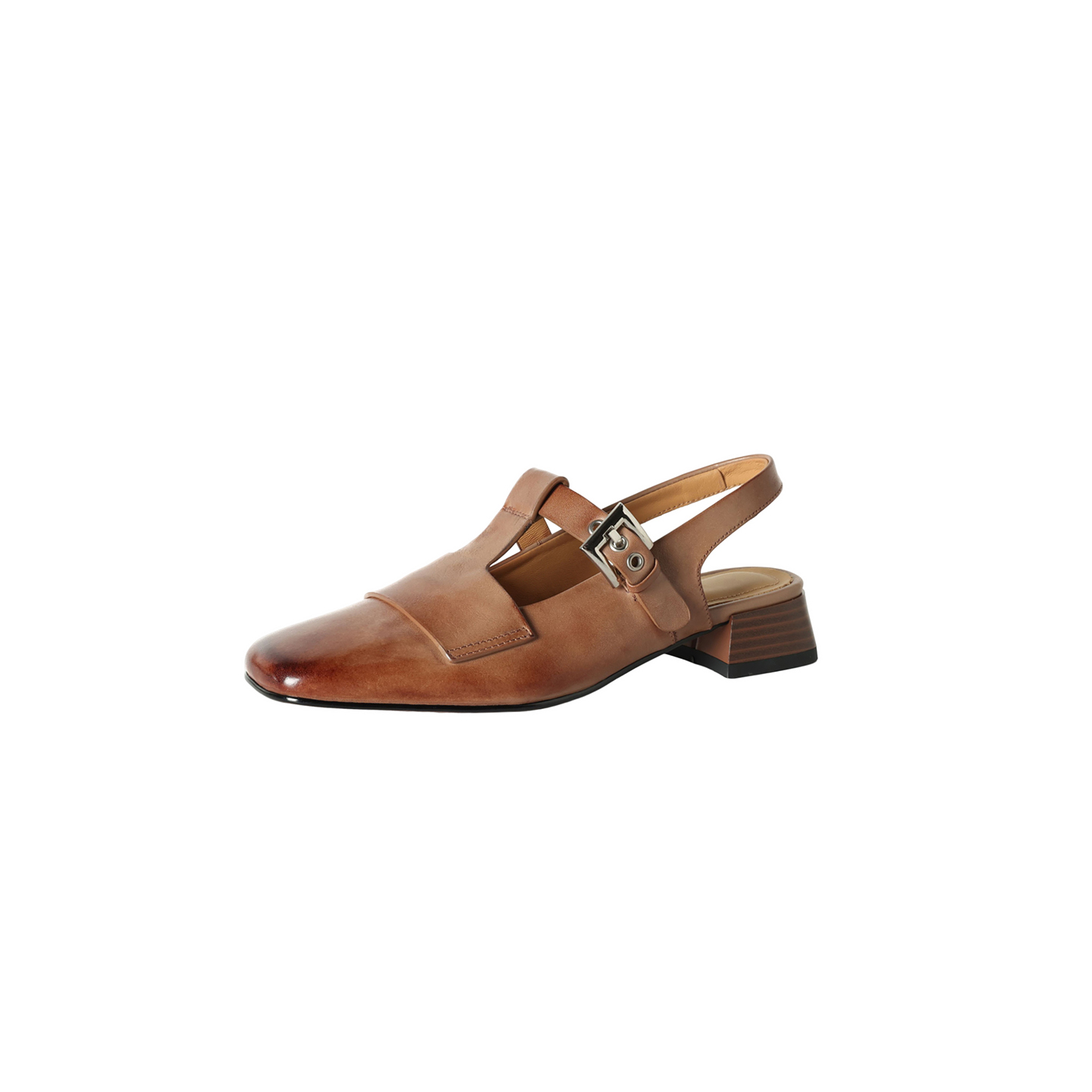 Women's Handmade Full-Grain Leather T-Strap Slingback Mary Jane Sandals, Square-Toe Block Heel Shoes foto 2
