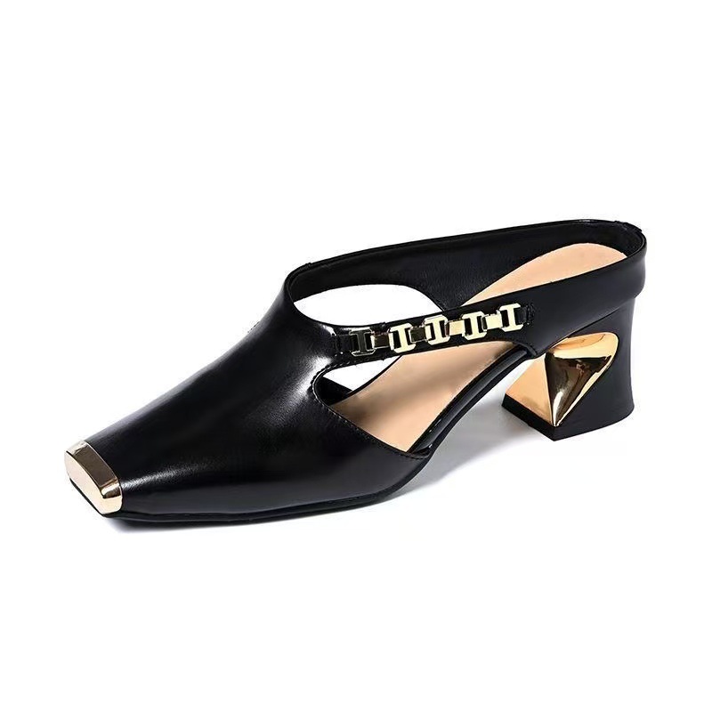 Womens High-heeled Shoes With A Square Toe And Metal-toe Cap Half-slipper Sandals foto 4