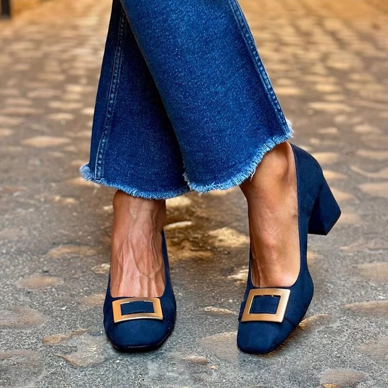 Fashion High Heel Suede Square Buckle Shallow Mouth Pumps Women