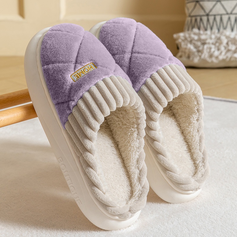 Men's Rhombic Sewing Plush Slippers Winter Warm Non-slip House Shoes For Women Bedroom Floor Home Slipper Couple foto 4