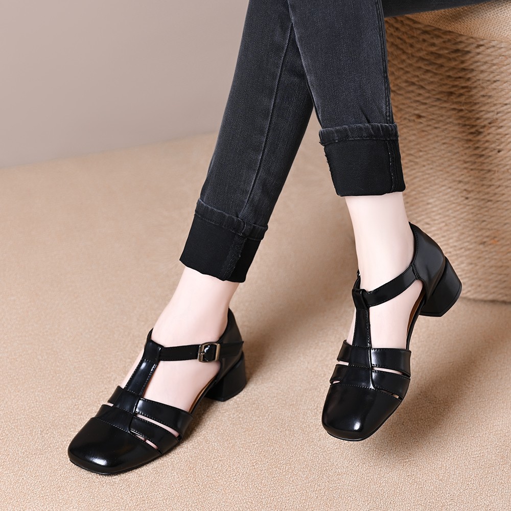 Hollow Retro Strap All-matching Chunky Heel Sandals foto 5