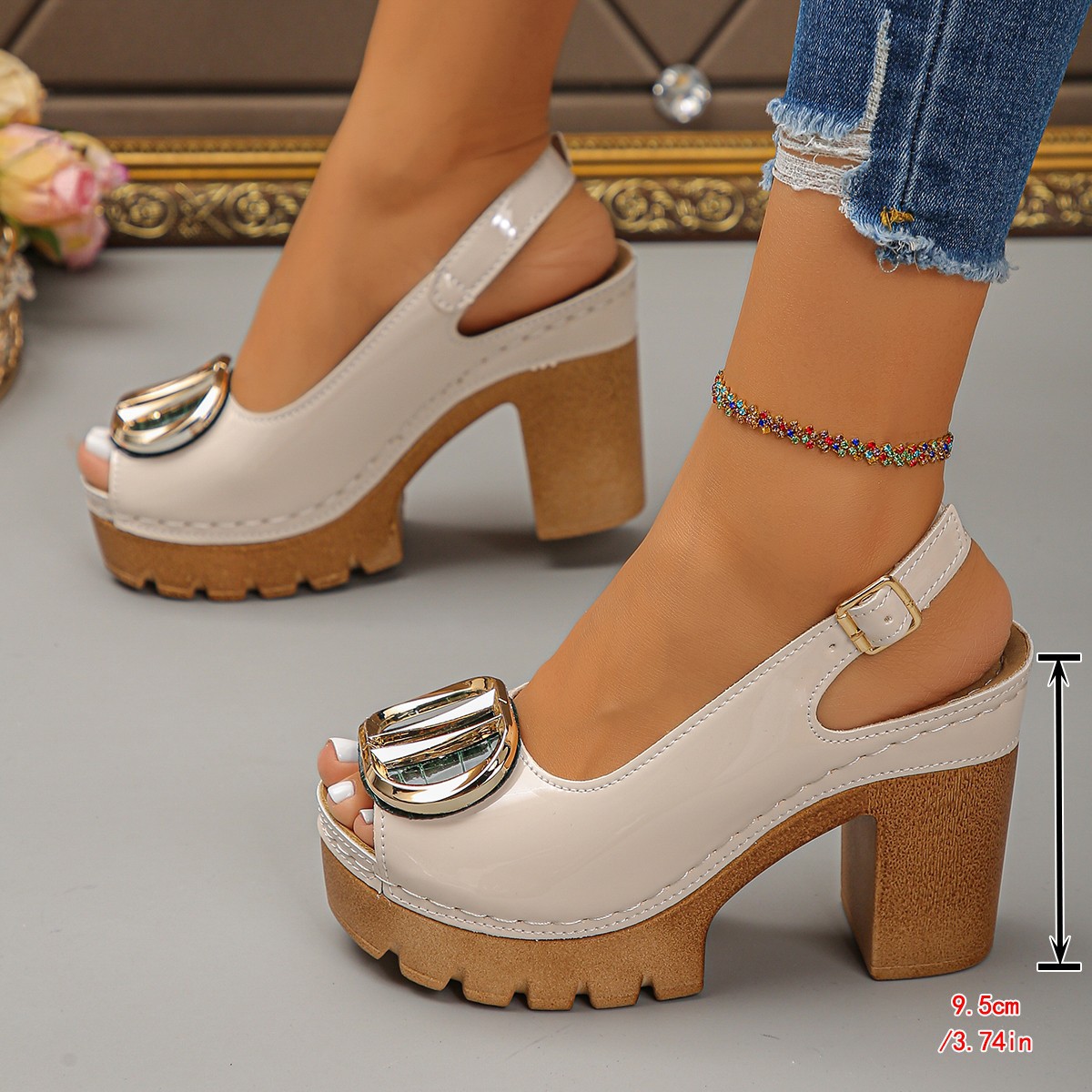 Fashionable Chunky-heeled Peep-toe Sandals foto 5