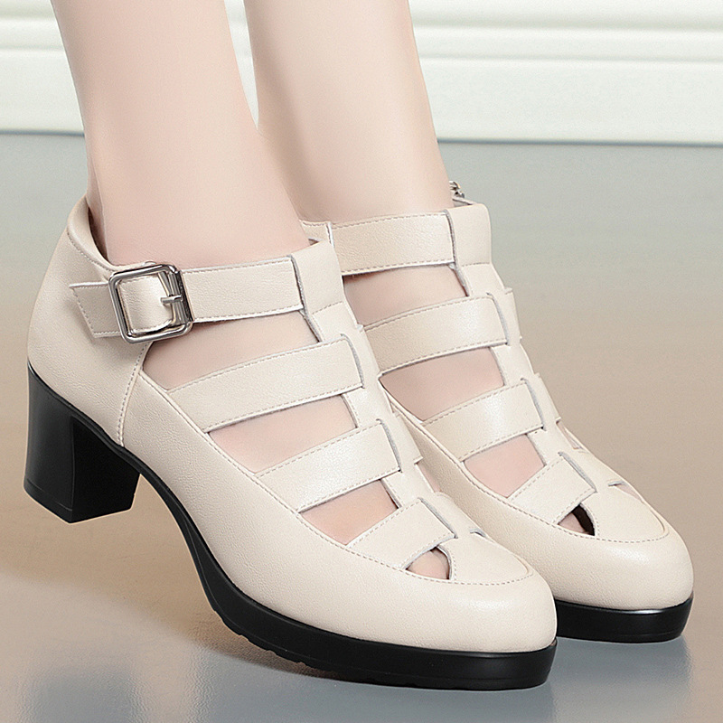 Closed Toe Sandals Summer Chunky Heel Woven Hollowed Ankle-strap Buckle Women's Shoes foto 2