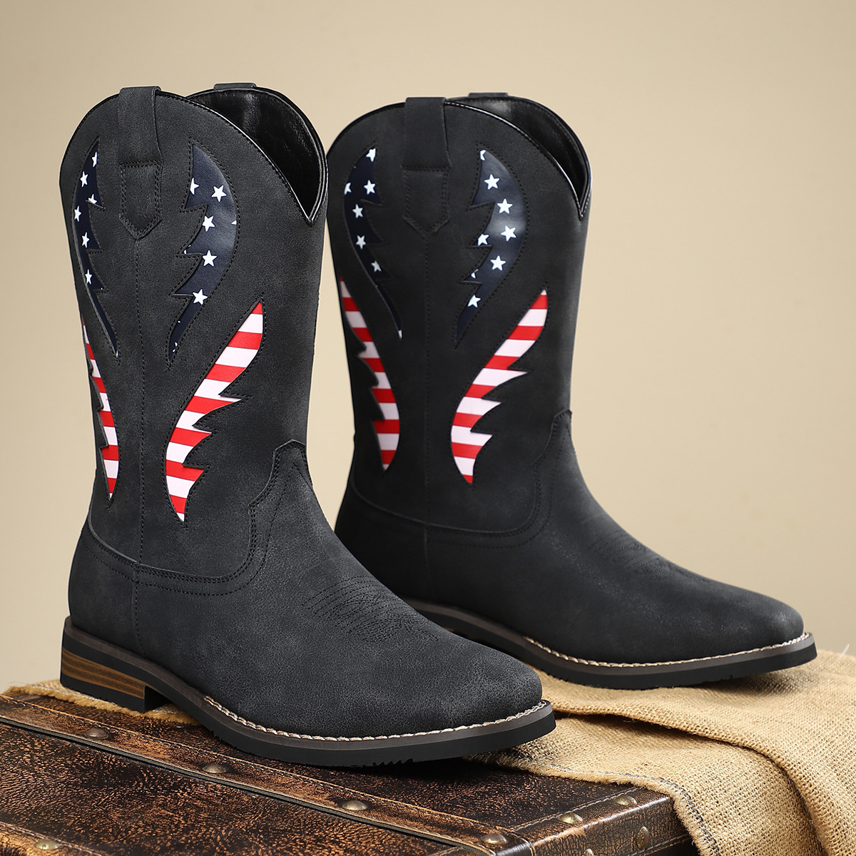 New European And American Thick-heel Leather Patchwork Men's Leather Boots
