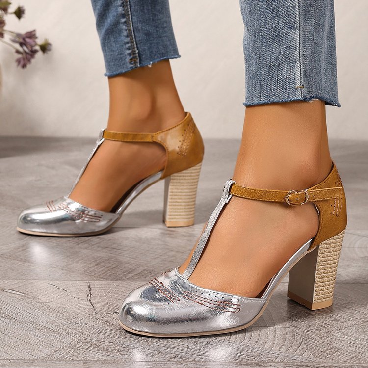 Buckle Womens High-heeled Sandals Color-blocked Chunky-heel Pumps foto 2