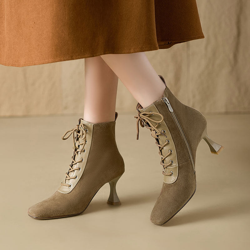 Retro Brown Leather Square-Toe Short Boots With A Stiletto HeelTimeless And Versatile Looks