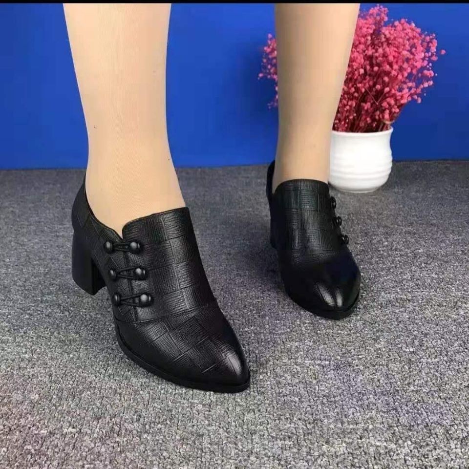 Spring And Autumn Single-layer Shoes Women's Shallow Mouth Pointed Toe Thick Heel Leather Shoes foto 3