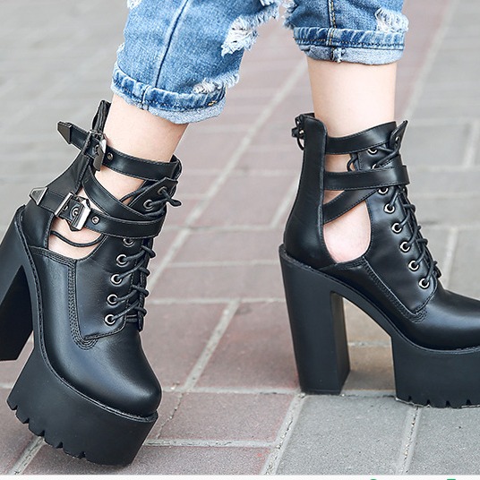 Lace-up Back Zipper Chunky Heel High Heel Short Boots Female Boots foto 5