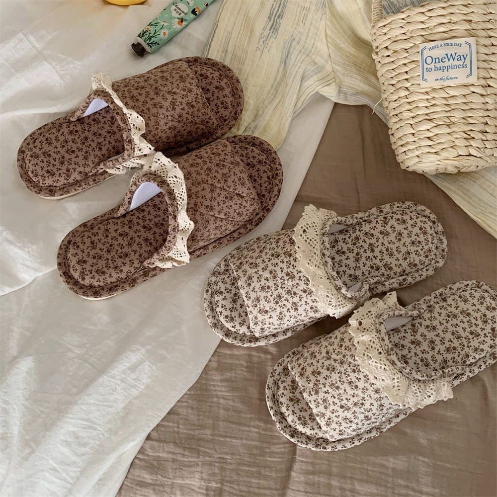 Home Style Vintage Floral One Word Four Seasons Universal Cotton Slippers Female foto 4