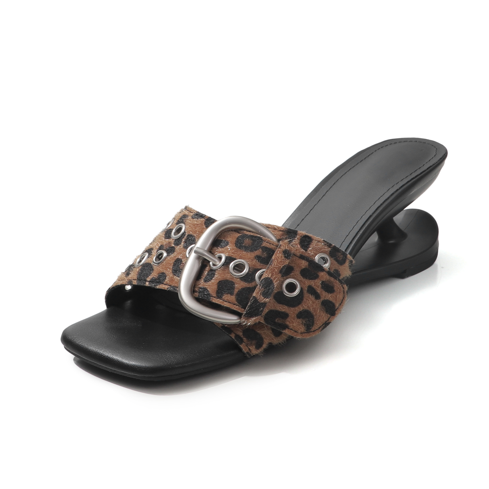 Women's Handcrafted Horsehair Buckle Slide Sandals, Square Toe Sculptural Heel Mules With Pigskin Lining & Sheepskin Insole foto 5