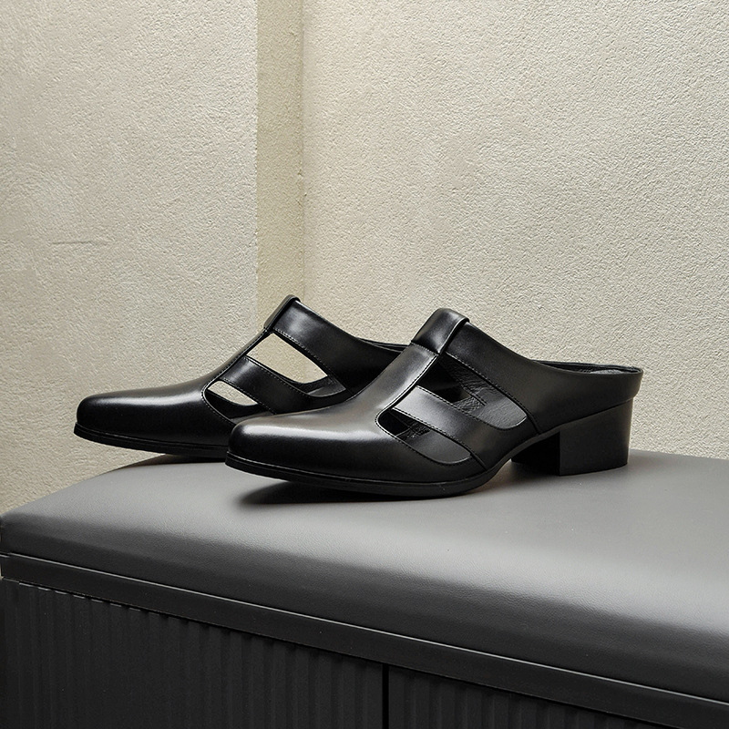 Summer Outer Wear Pointed-toe Authentic Leather Half Slippers Closed Toe Leather Slippers Men foto 5