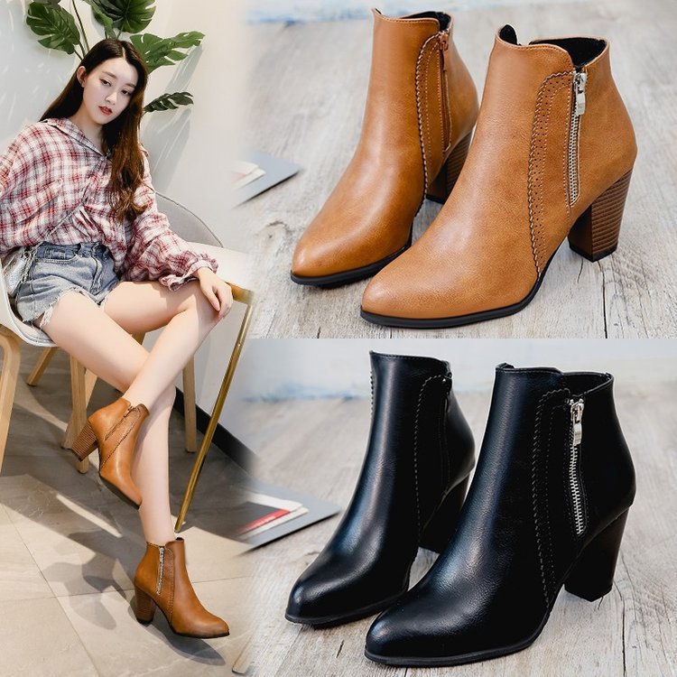 Retro Distressed Chunky Heel Side Zip Ankle Boots For Women foto 2