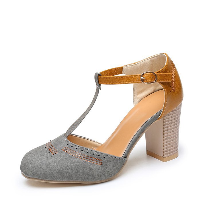 Buckle Womens High-heeled Sandals Color-blocked Chunky-heel Pumps