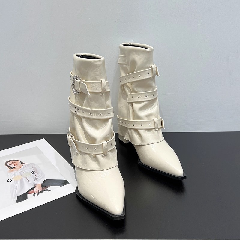 High-heeled Elegant Shaft-style Studded Belt-buckle Fashion Ankle Boots foto 2