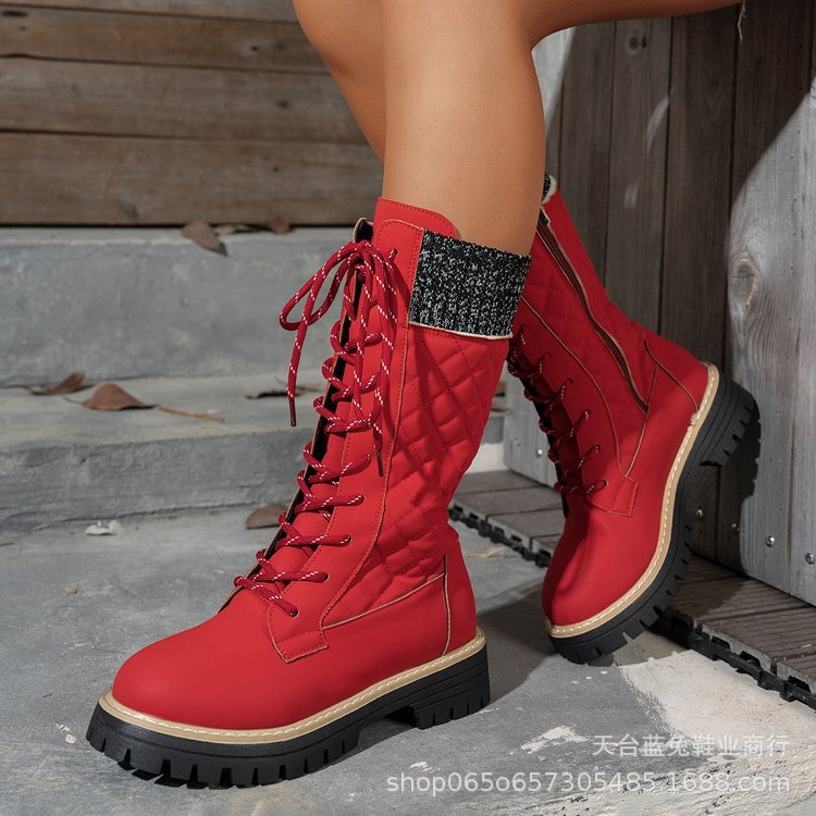 Check The Color-matched Front-lace-up Thick-heeled Martin Boots foto 4