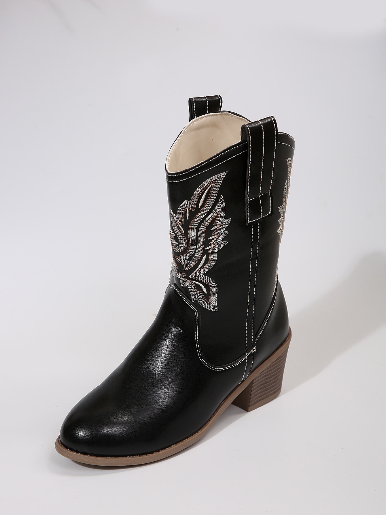 V Cut Embroidered Sleeve Thick Heel Middle Denim Women's Boots foto 2